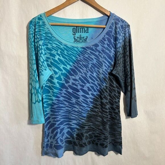 GLIMA Top Womens L Blue Zebra Animal Print 3/4 Sleeve 100% Cotton Scoop Neck - Picture 2 of 9